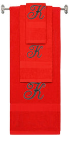 Red monogrammed towel set with Black thread, Diana Script font, initial K - 540 GSM cotton 3-piece