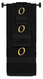 Black monogrammed towel set with Gold thread, Chancery font, initial O - 540 GSM cotton 3-piece