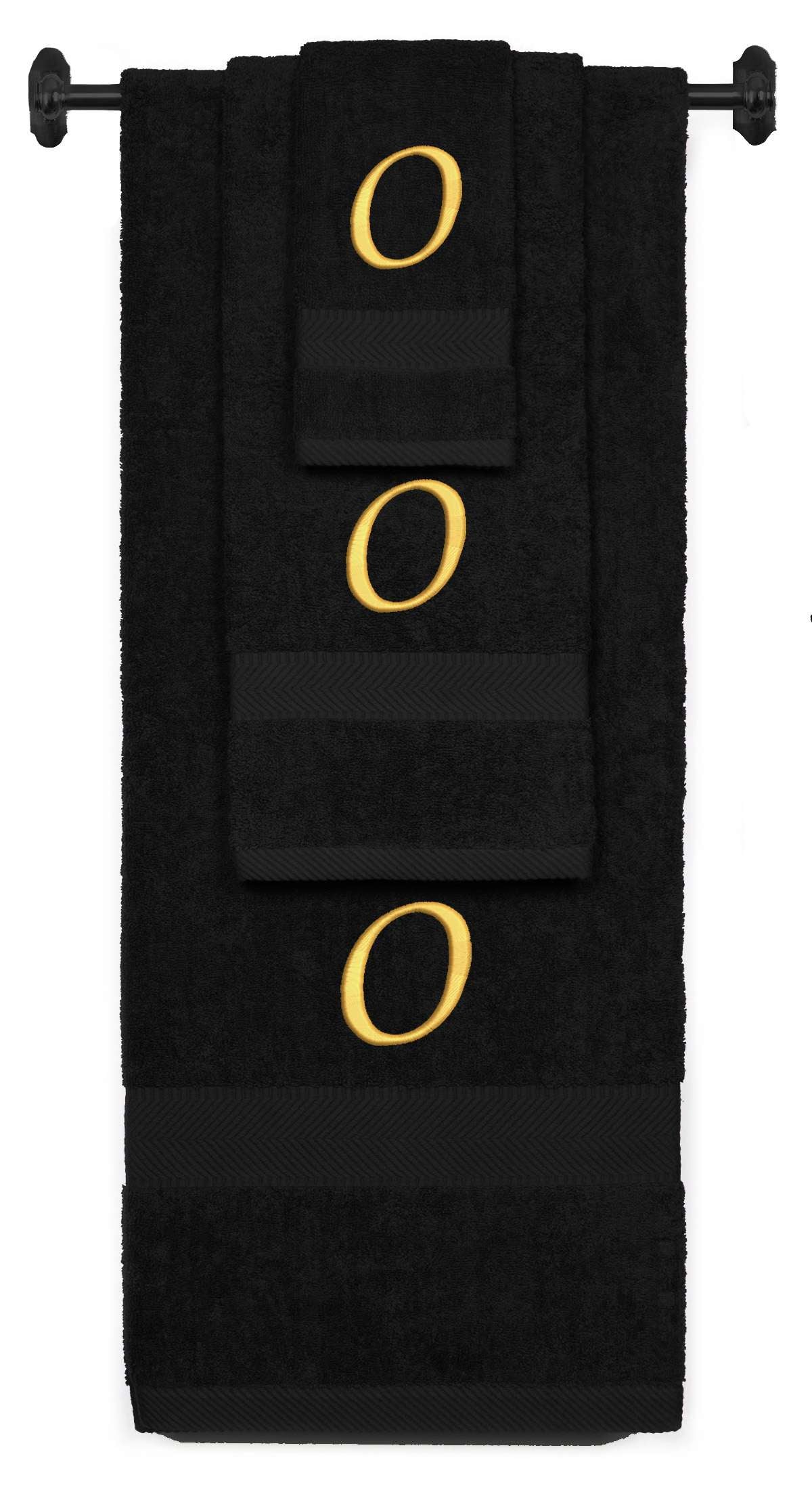 Black monogrammed towel set with Gold thread, Chancery font, initial O - 540 GSM cotton 3-piece