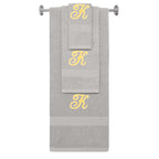 Silver monogrammed towel set with Gold thread, Diana Script font, initial K - 540 GSM cotton 3-piece
