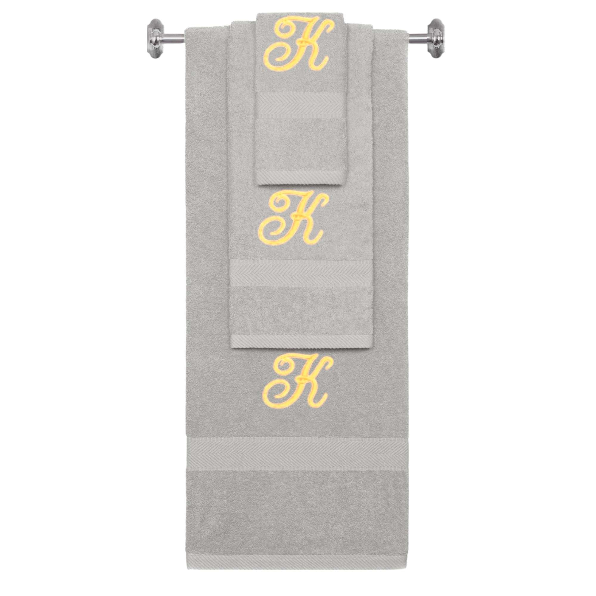 Silver monogrammed towel set with Gold thread, Diana Script font, initial K - 540 GSM cotton 3-piece