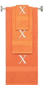 Orange monogrammed towel set with White thread, Times New Roman font, initial X - 540 GSM cotton 3-piece