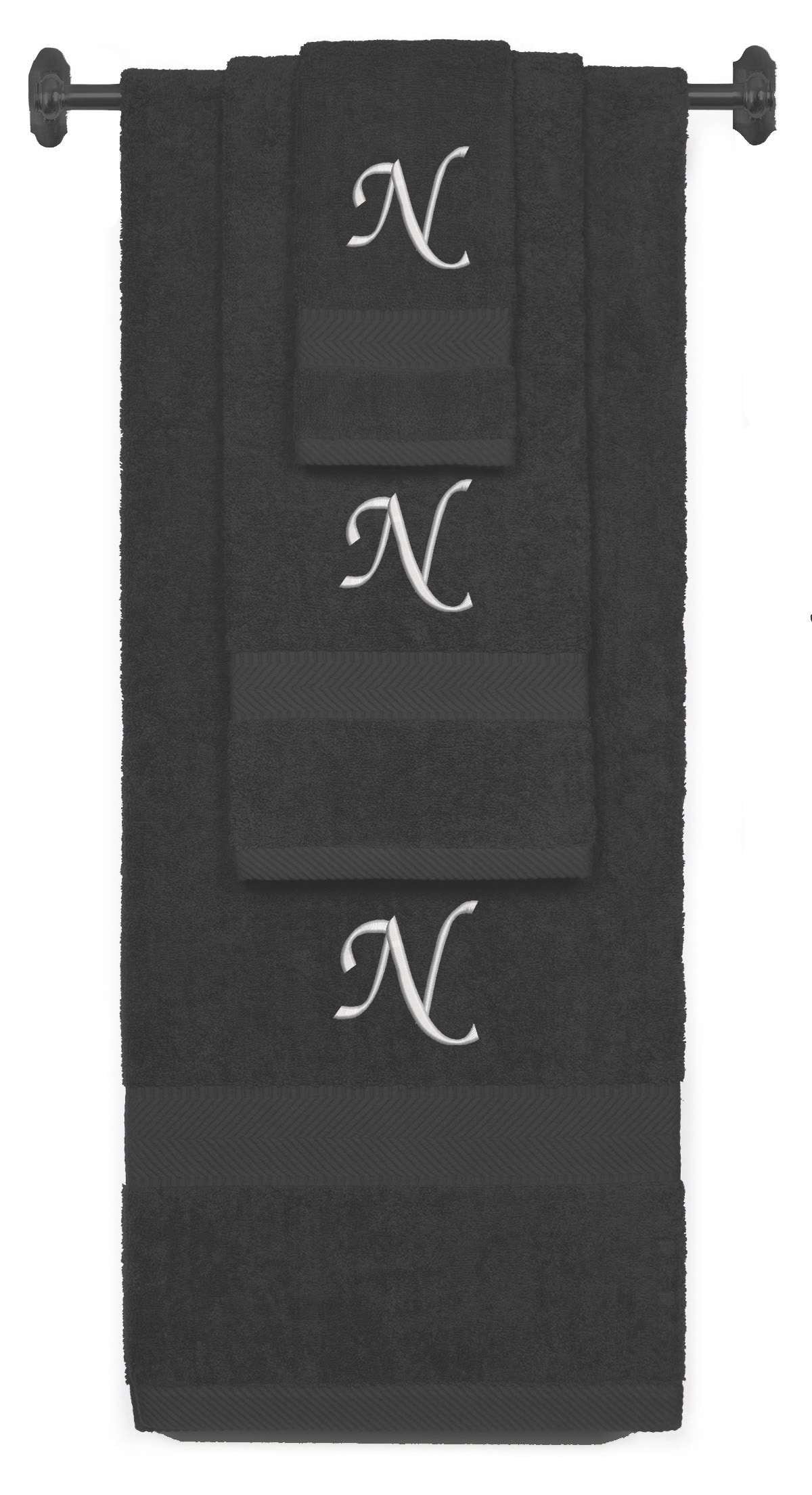 Charcoal monogrammed towel set with Silver thread, Chancery font, initial N - 540 GSM cotton 3-piece