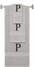Silver monogrammed towel set with Black thread, Times New Roman font, initial P - 540 GSM cotton 3-piece