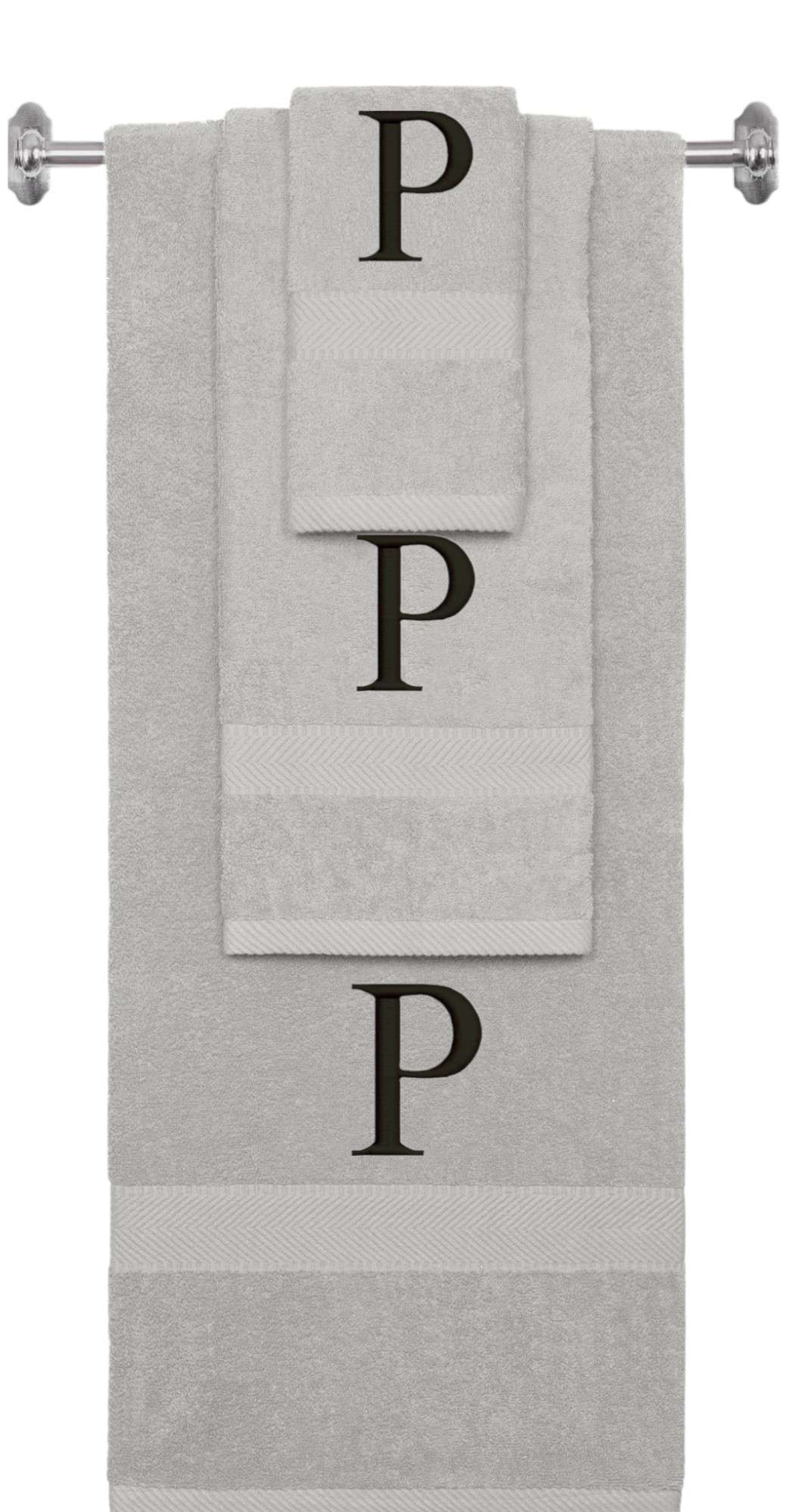 Silver monogrammed towel set with Black thread, Times New Roman font, initial P - 540 GSM cotton 3-piece