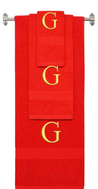 Red monogrammed towel set with Gold thread, Times New Roman font, initial G - 540 GSM cotton 3-piece