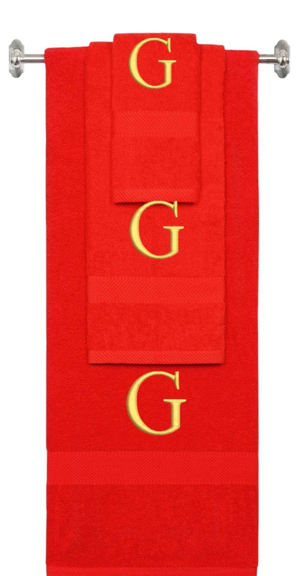 Red monogrammed towel set with Gold thread, Times New Roman font, initial G - 540 GSM cotton 3-piece
