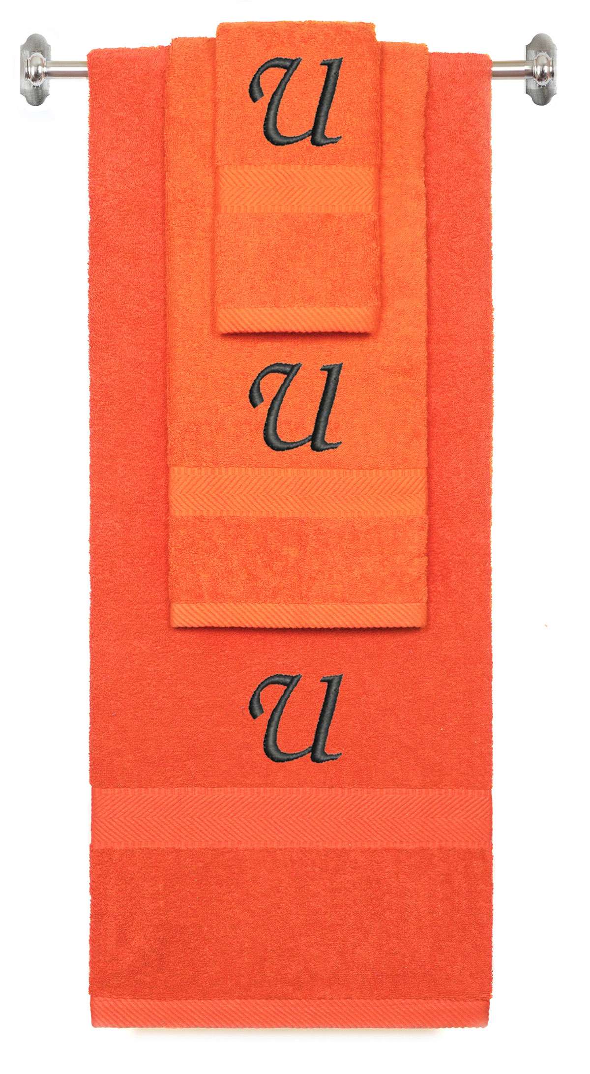 Orange monogrammed towel set with Black thread, Chancery font, initial U - 540 GSM cotton 3-piece