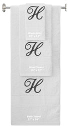 White monogrammed towel set with Black thread, Diana Script font, initial H - 540 GSM cotton 3-piece