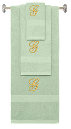 Mint Green monogrammed towel set with Gold thread, Diana Script font, initial G - 540 GSM cotton 3-piece