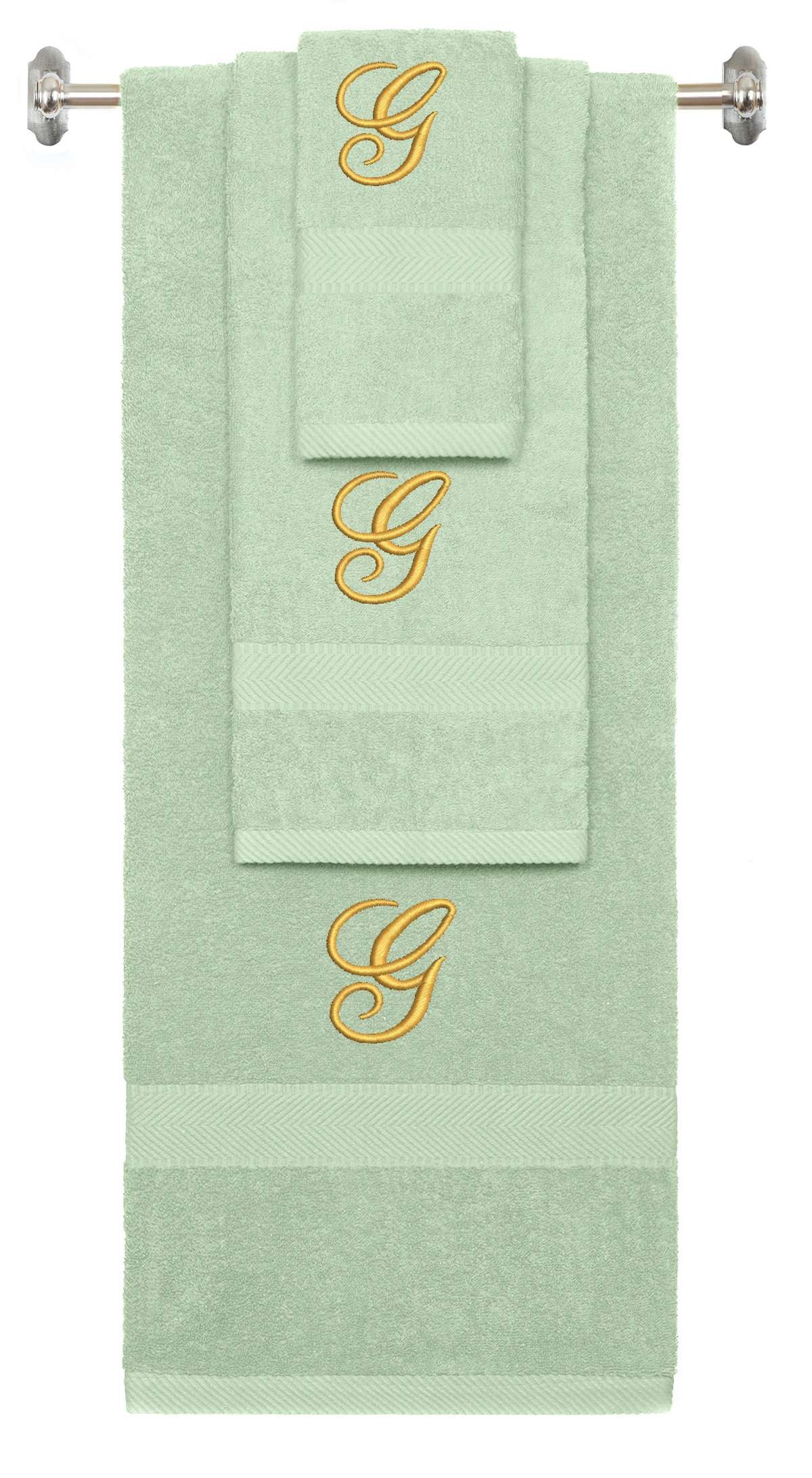 Mint Green monogrammed towel set with Gold thread, Diana Script font, initial G - 540 GSM cotton 3-piece