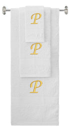 White monogrammed towel set with Gold thread, Chancery font, initial P - 540 GSM cotton 3-piece