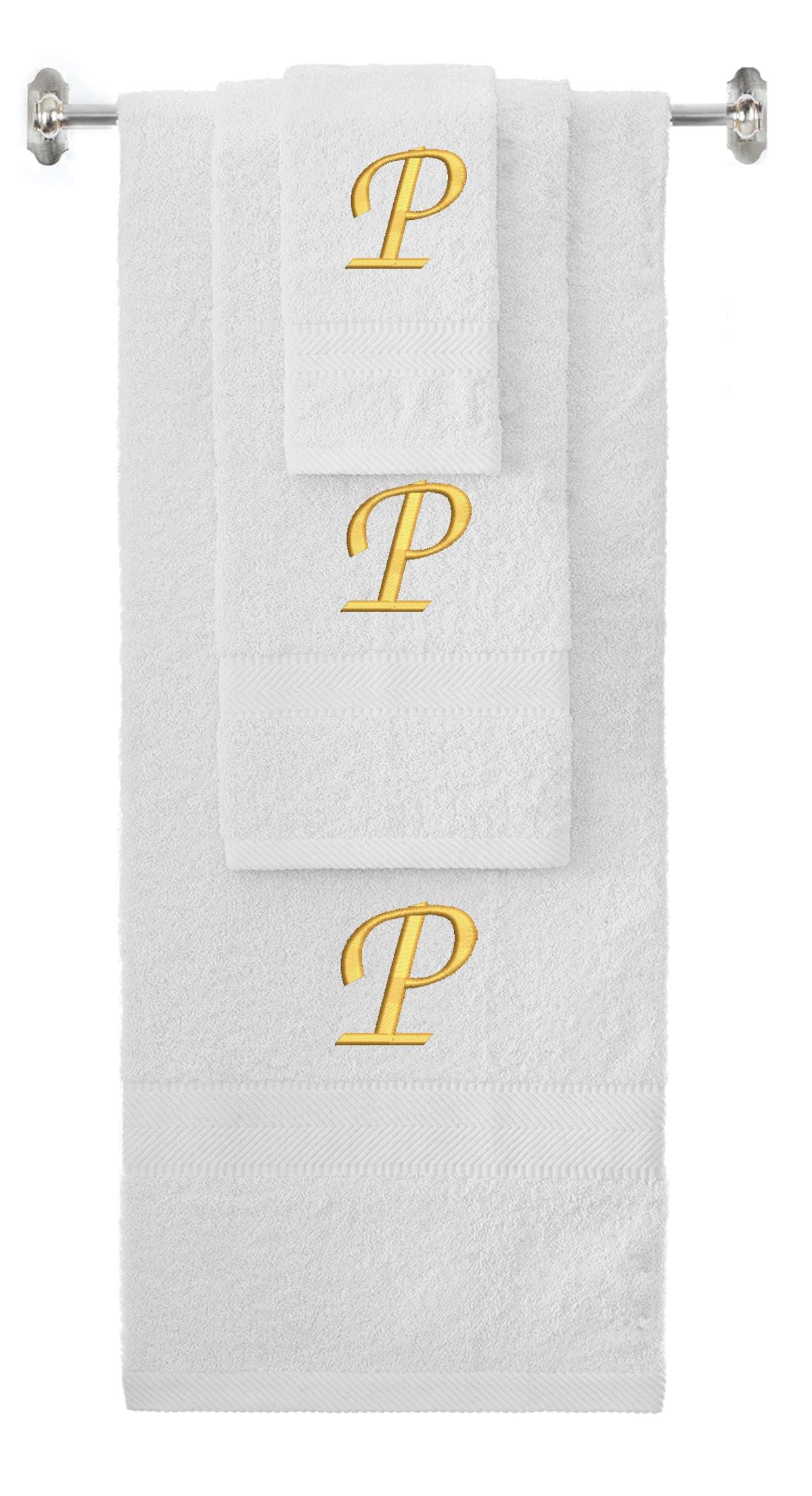 White monogrammed towel set with Gold thread, Chancery font, initial P - 540 GSM cotton 3-piece