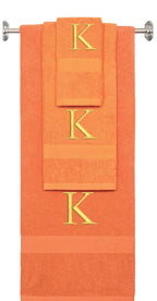 Orange monogrammed towel set with Gold thread, Times New Roman font, initial K - 540 GSM cotton 3-piece