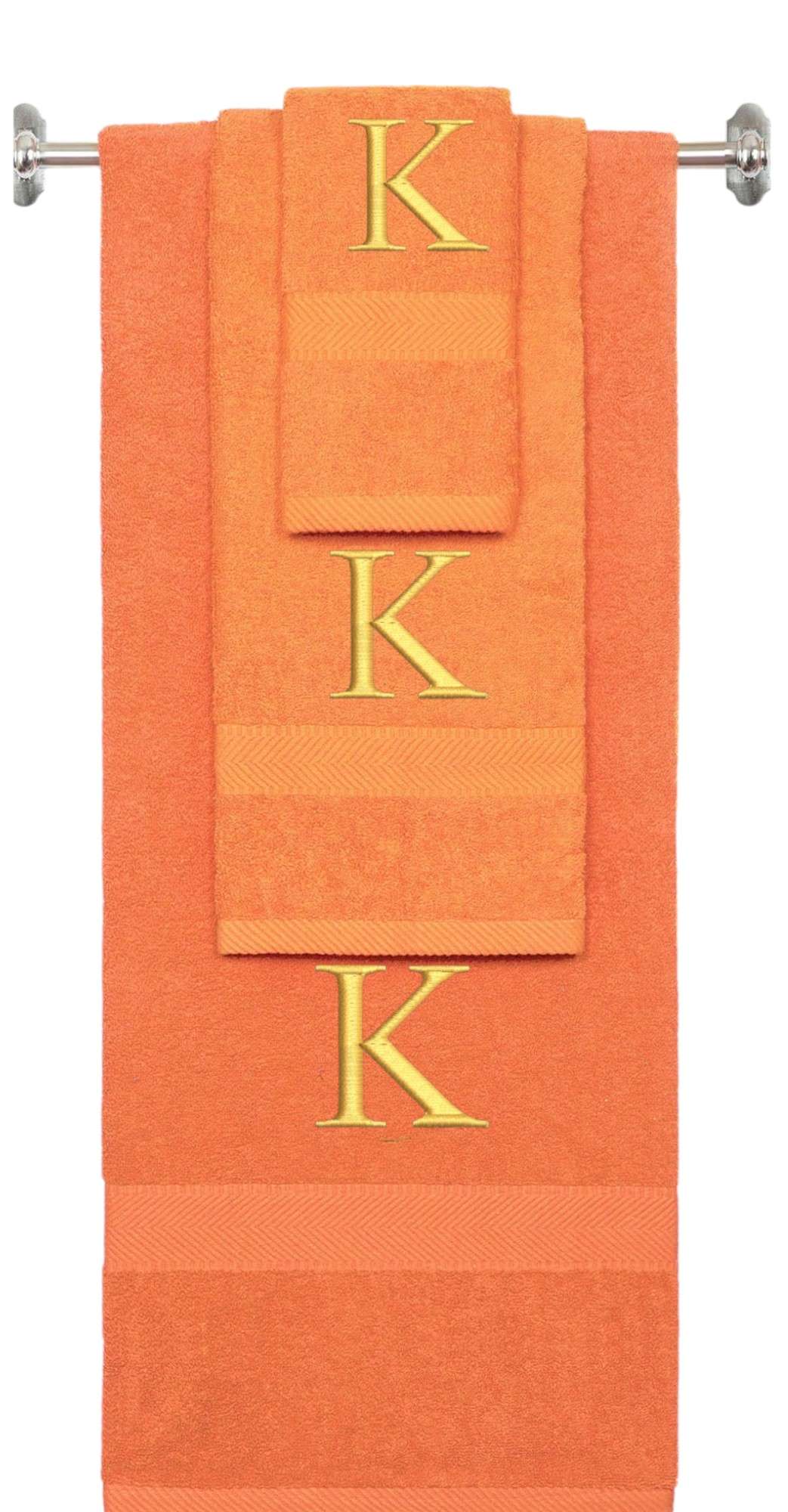 Orange monogrammed towel set with Gold thread, Times New Roman font, initial K - 540 GSM cotton 3-piece