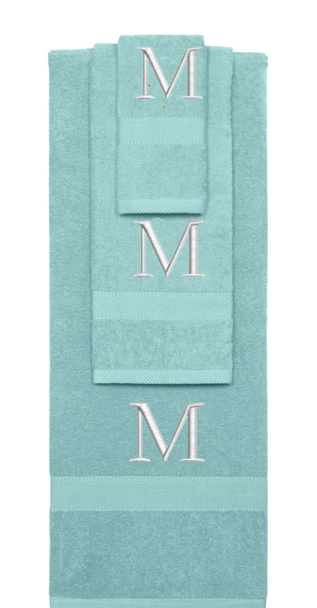 Nautical Teal monogrammed towel set with Silver thread, Times New Roman font, initial M - 540 GSM cotton 3-piece