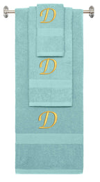Nautical Teal monogrammed towel set with Gold thread, Chancery font, initial D - 540 GSM cotton 3-piece