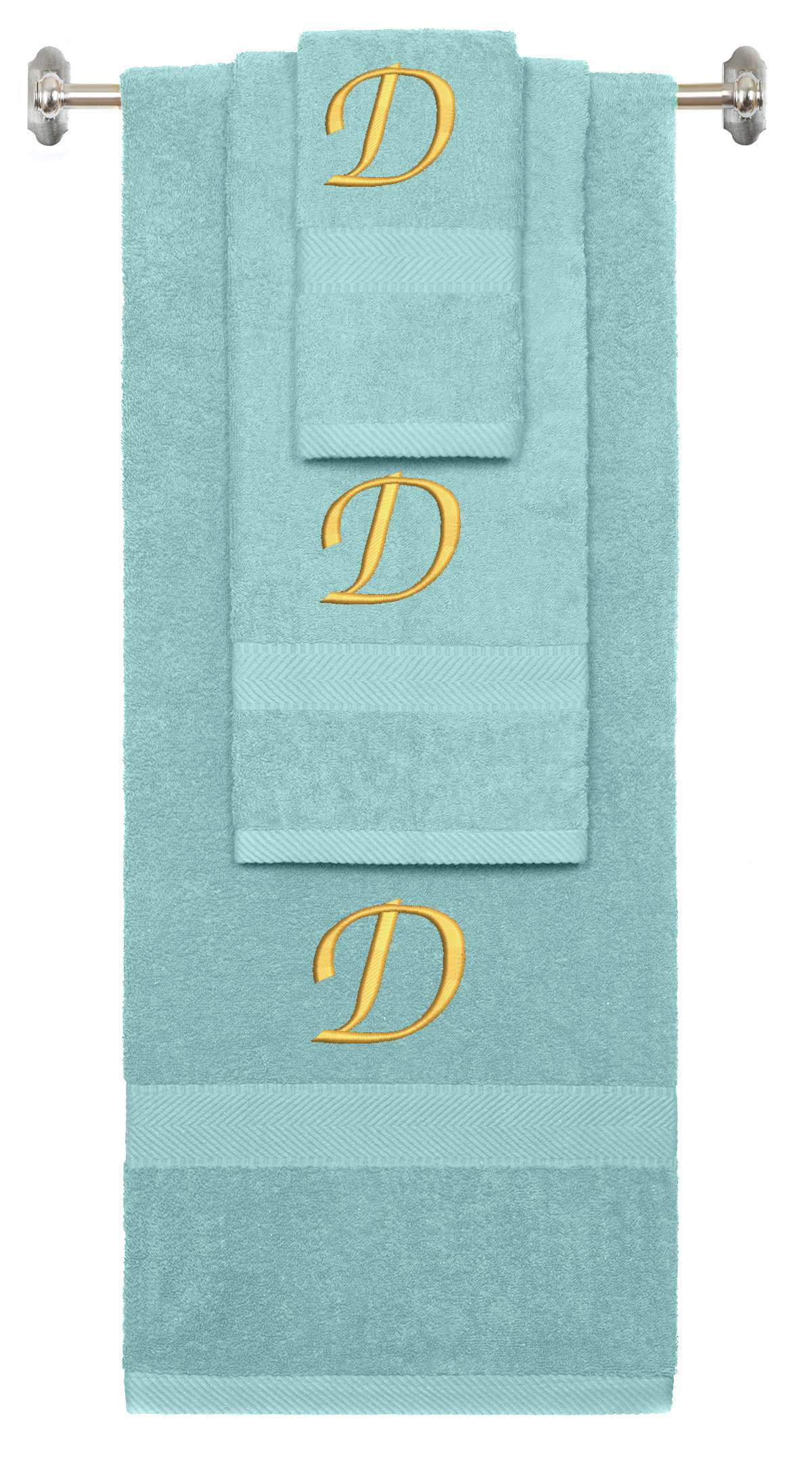 Nautical Teal monogrammed towel set with Gold thread, Chancery font, initial D - 540 GSM cotton 3-piece