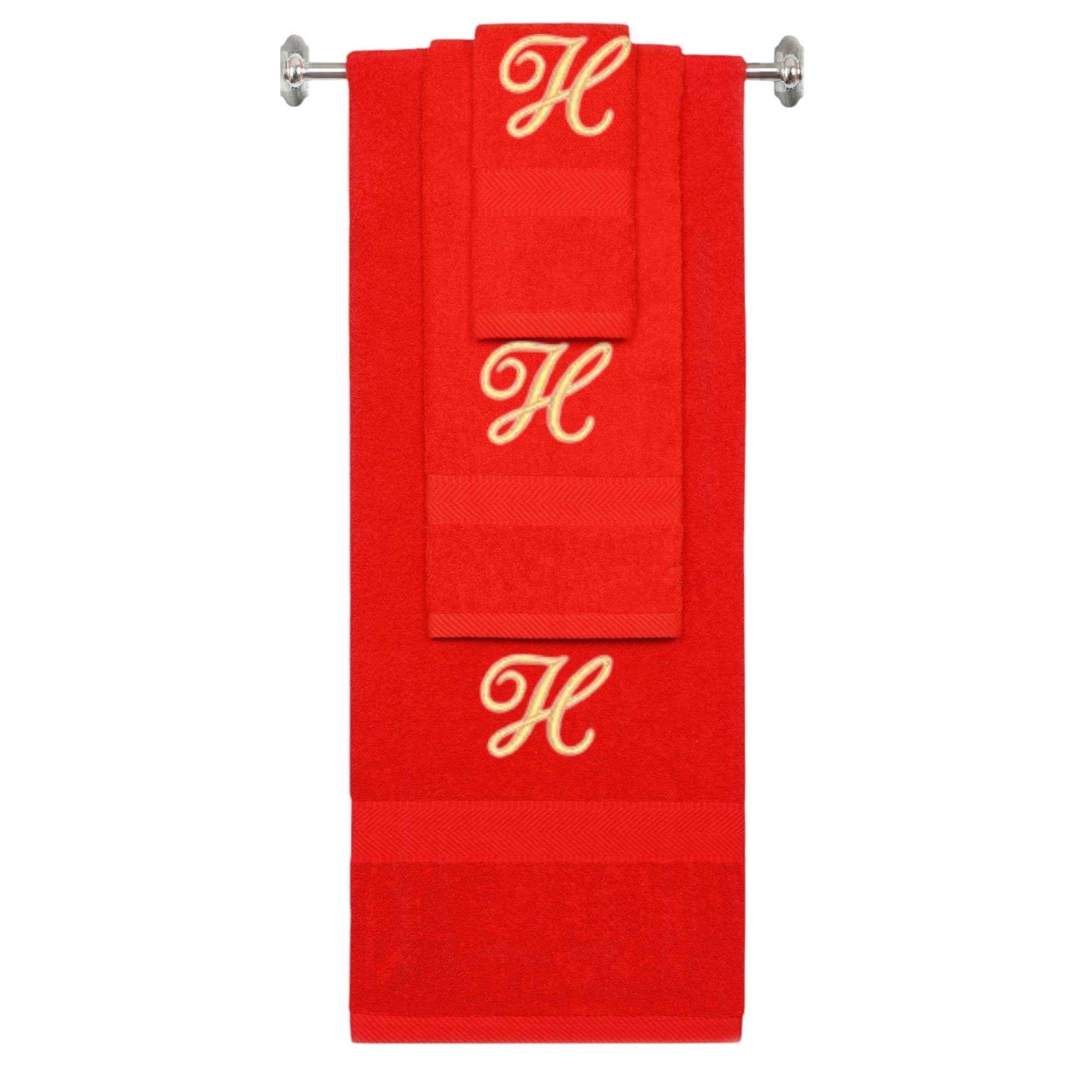 Red monogrammed towel set with Gold thread, Diana Script font, initial H - 540 GSM cotton 3-piece