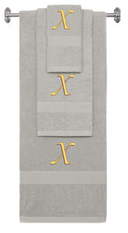 Silver monogrammed towel set with Gold thread, Chancery font, initial X - 540 GSM cotton 3-piece