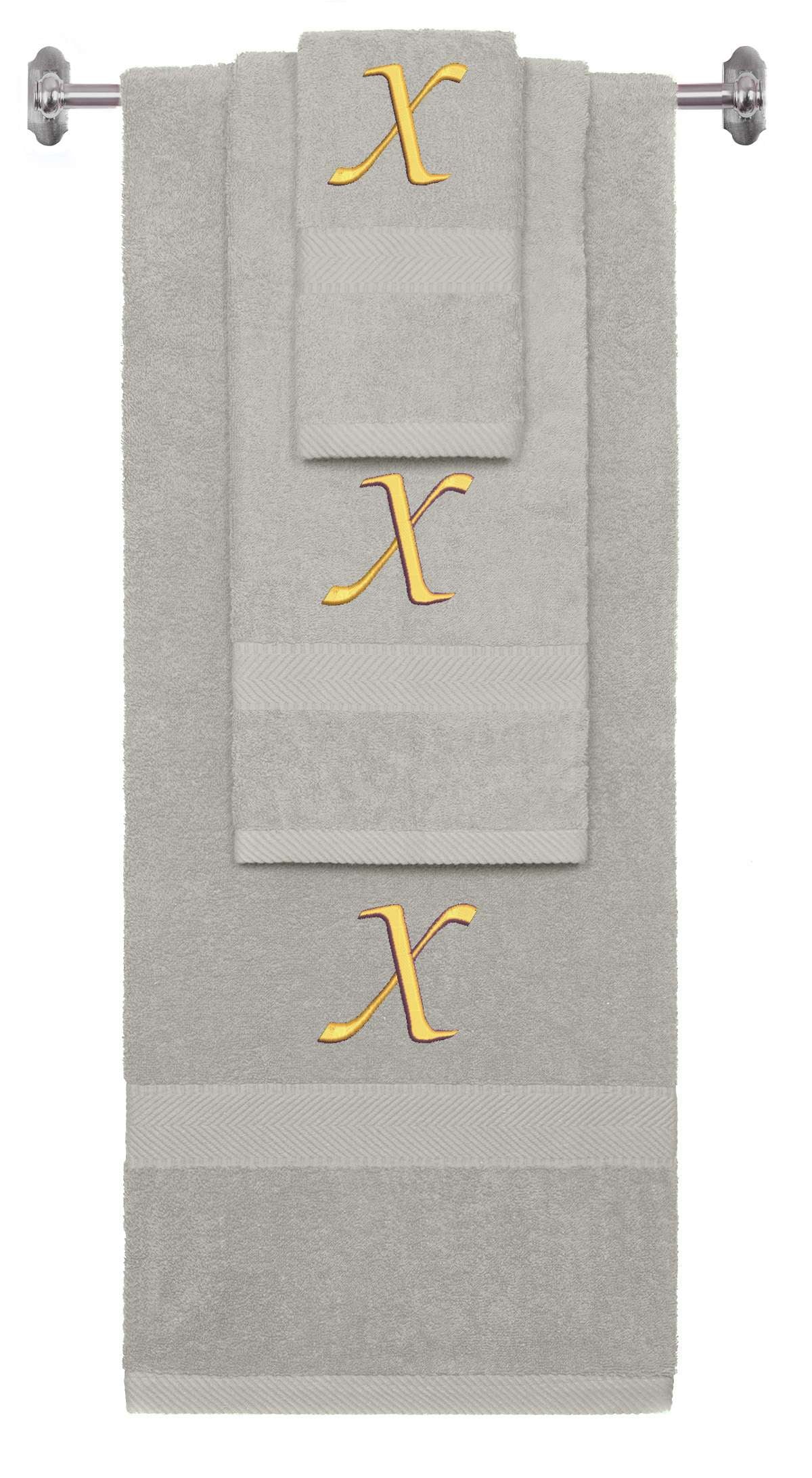 Silver monogrammed towel set with Gold thread, Chancery font, initial X - 540 GSM cotton 3-piece