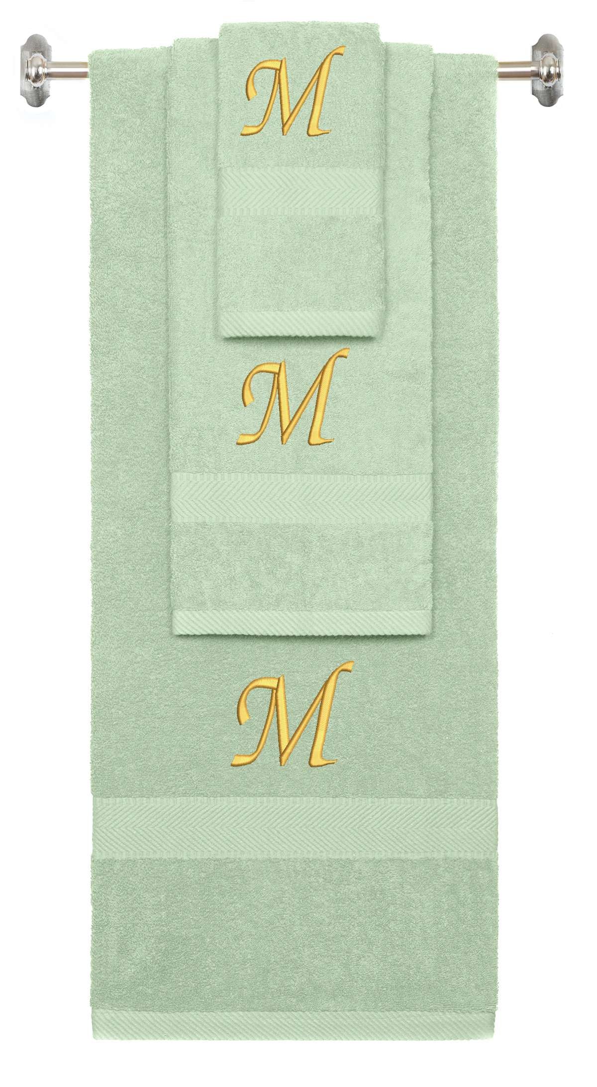 Mint Green monogrammed towel set with Gold thread, Chancery font, initial M - 540 GSM cotton 3-piece