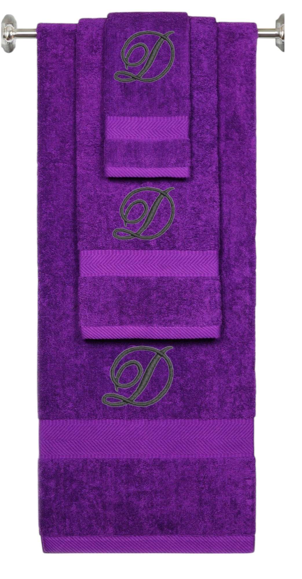 Purple monogrammed towel set with Black thread, Diana Script font, initial D - 540 GSM cotton 3-piece
