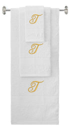White monogrammed towel set with Gold thread, Diana Script font, initial T - 540 GSM cotton 3-piece