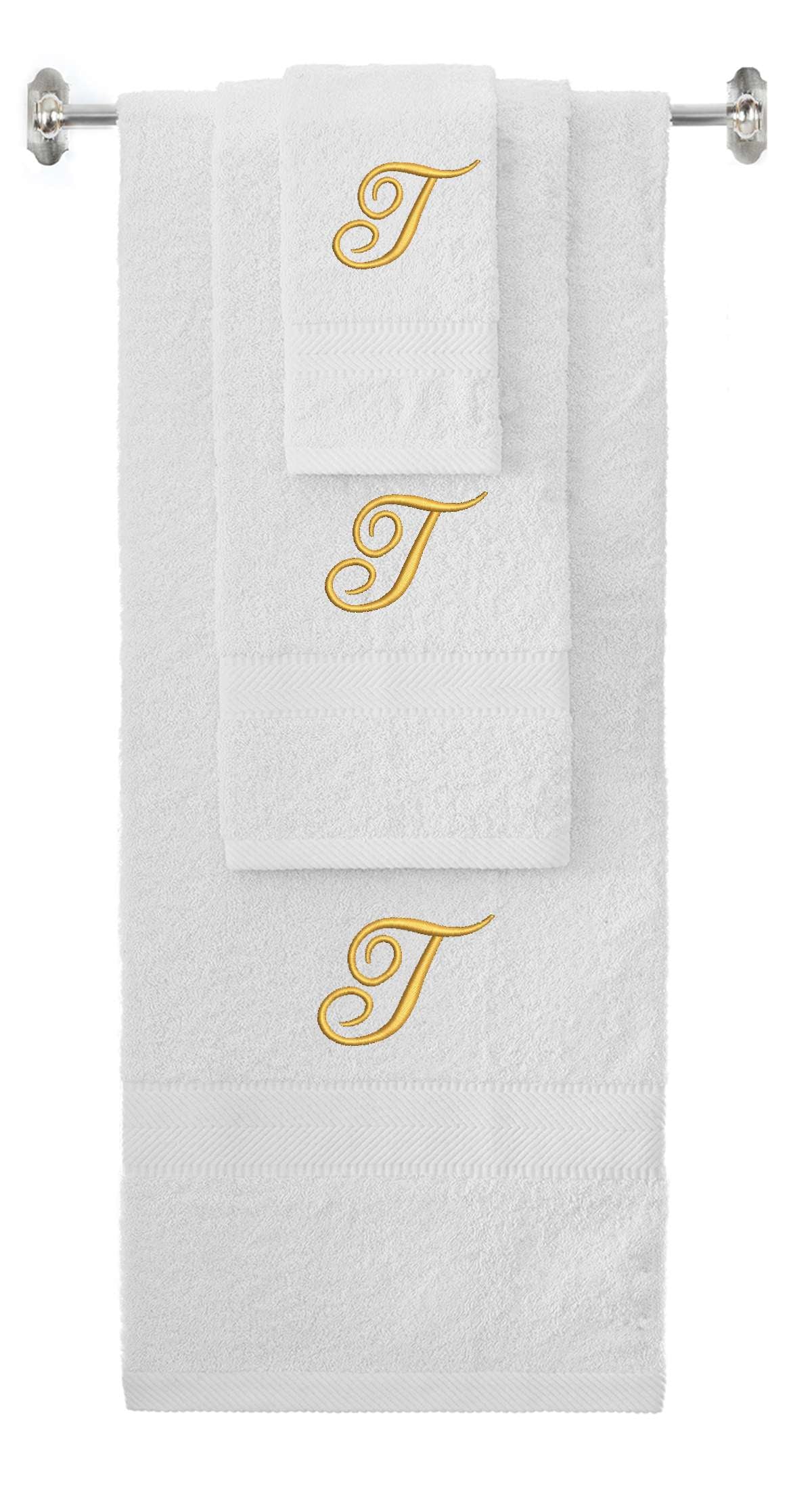 White monogrammed towel set with Gold thread, Diana Script font, initial T - 540 GSM cotton 3-piece