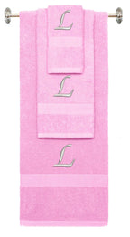 Pink monogrammed towel set with Silver thread, Chancery font, initial L - 540 GSM cotton 3-piece