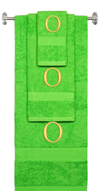 Lime monogrammed towel set with Gold thread, Times New Roman font, initial O - 540 GSM cotton 3-piece