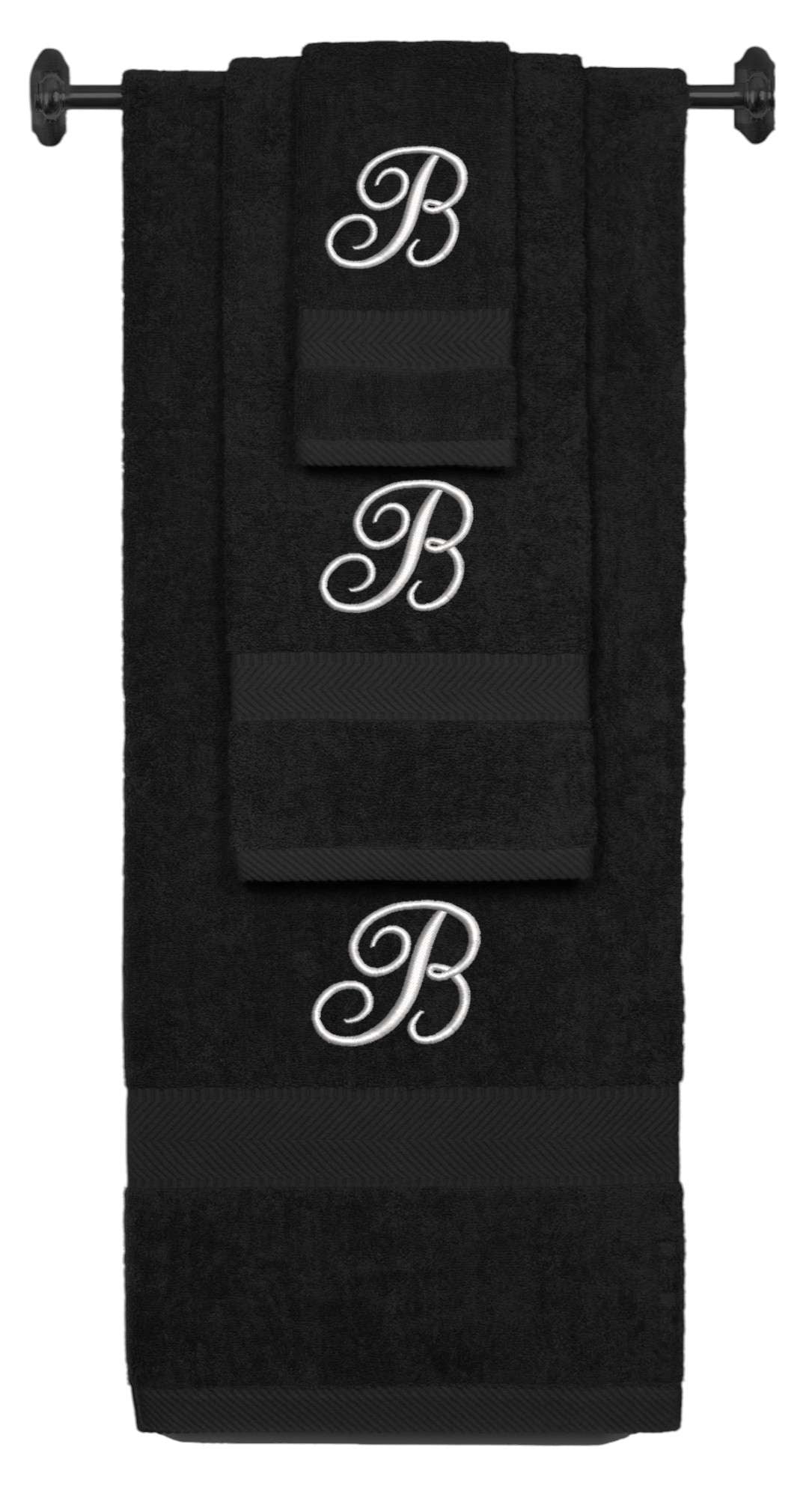Black monogrammed towel set with Silver thread, Diana Script font, initial B - 540 GSM cotton 3-piece