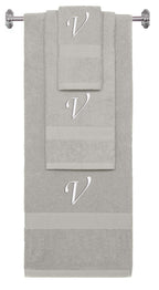 Silver monogrammed towel set with White thread, Chancery font, initial V - 540 GSM cotton 3-piece