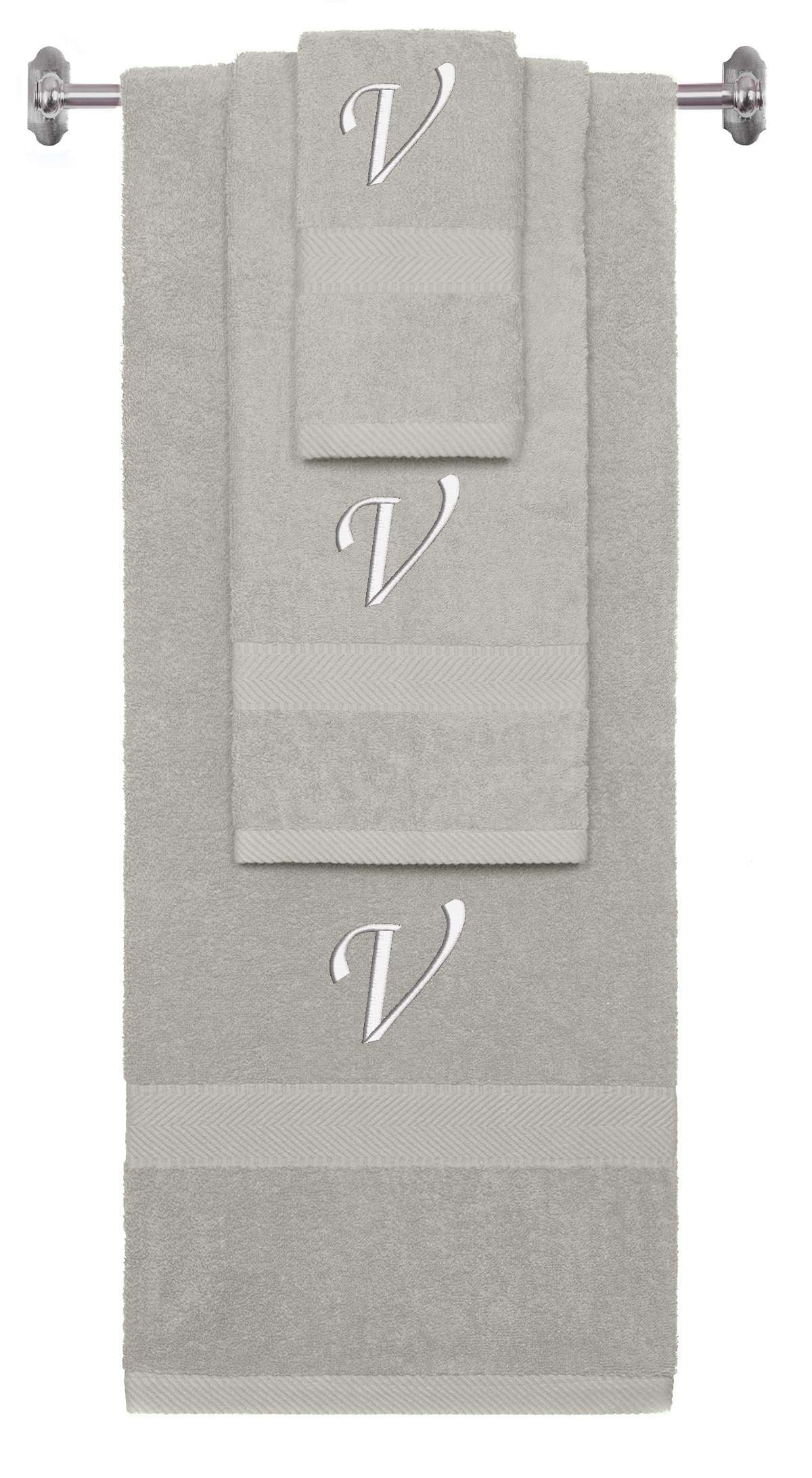 Silver monogrammed towel set with White thread, Chancery font, initial V - 540 GSM cotton 3-piece