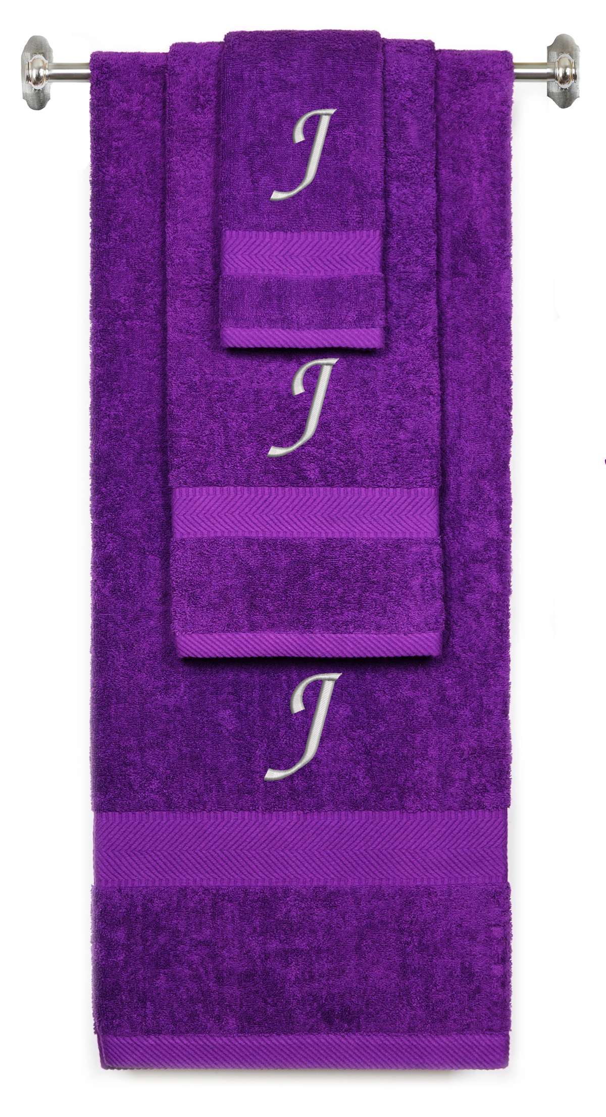 Purple monogrammed towel set with Silver thread, Chancery font, initial J - 540 GSM cotton 3-piece