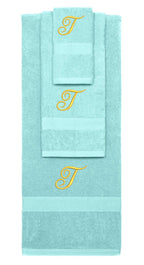 Nautical Teal monogrammed towel set with Gold thread, Diana Script font, initial T - 540 GSM cotton 3-piece