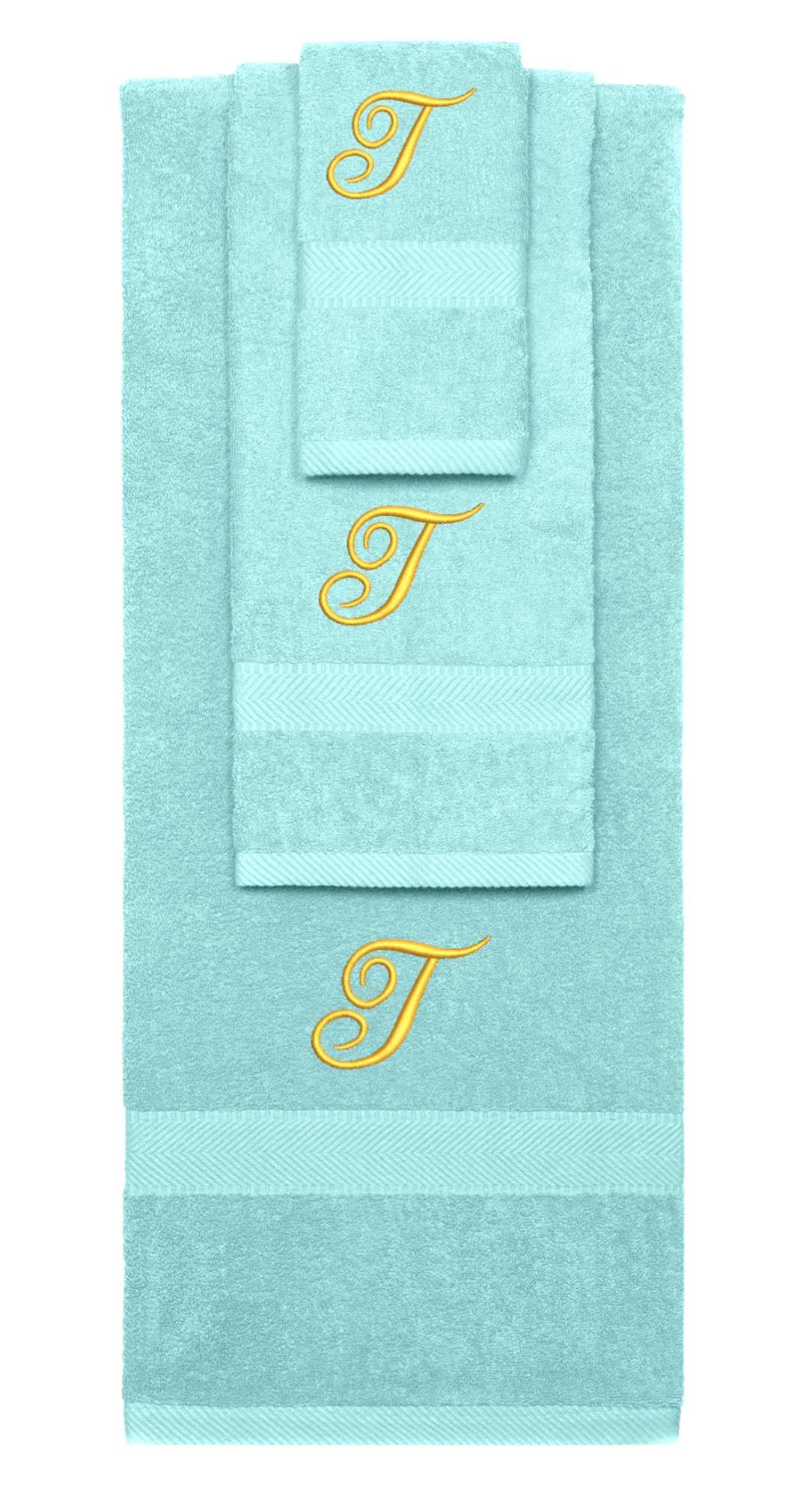 Nautical Teal monogrammed towel set with Gold thread, Diana Script font, initial T - 540 GSM cotton 3-piece