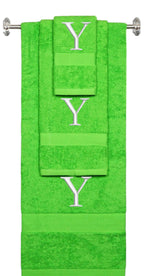 Lime monogrammed towel set with Silver thread, Times New Roman font, initial Y - 540 GSM cotton 3-piece