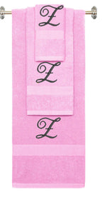 Pink monogrammed towel set with Black thread, Diana Script font, initial Z - 540 GSM cotton 3-piece