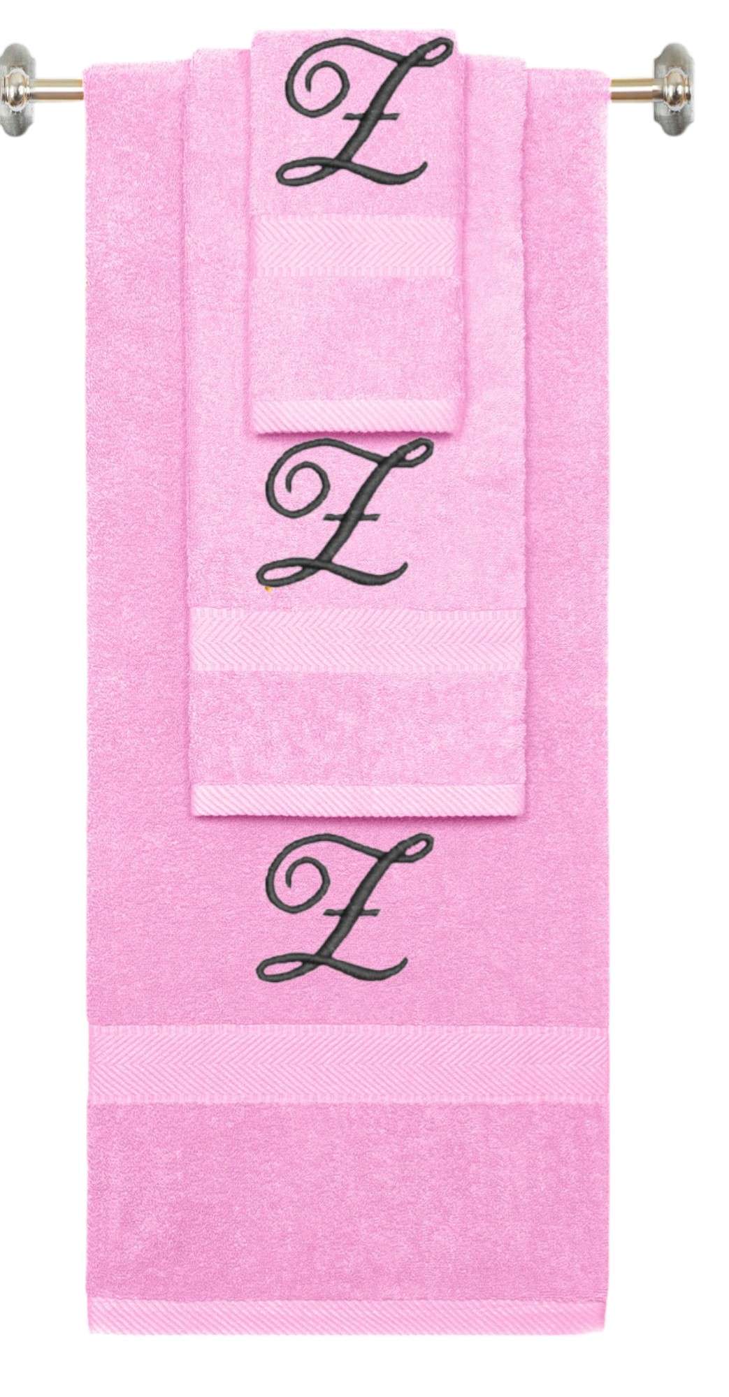 Pink monogrammed towel set with Black thread, Diana Script font, initial Z - 540 GSM cotton 3-piece