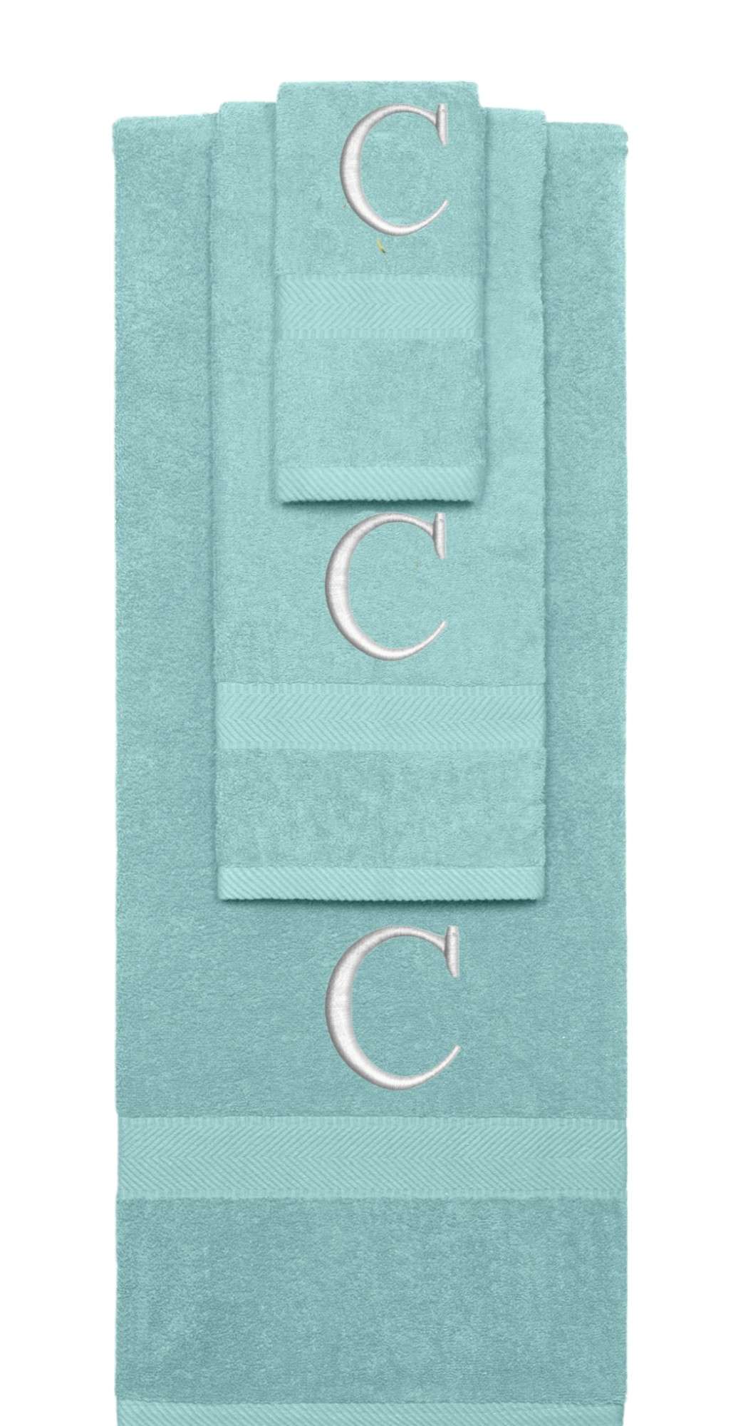 Nautical Teal monogrammed towel set with Silver thread, Times New Roman font, initial C - 540 GSM cotton 3-piece