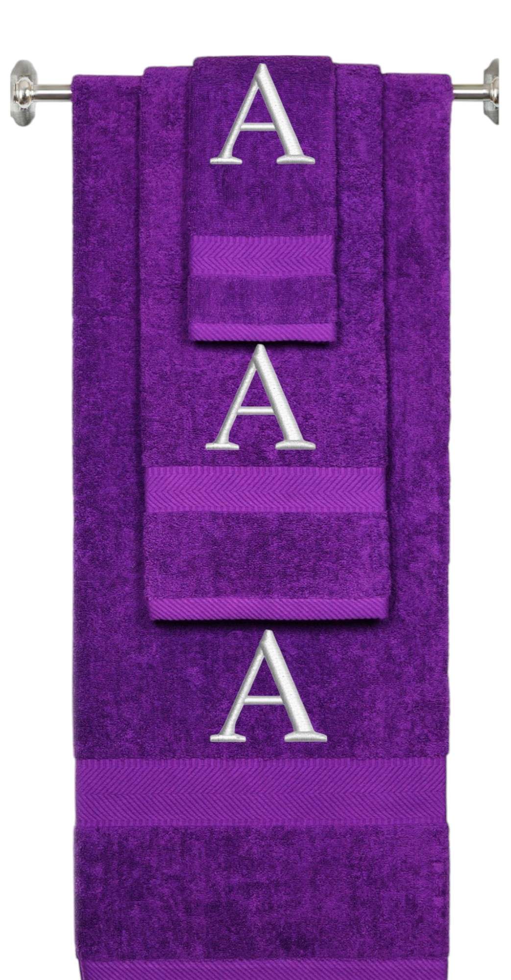 Purple monogrammed towel set with Silver thread, Times New Roman font, initial A - 540 GSM cotton 3-piece