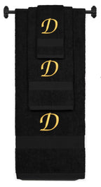 Black monogrammed towel set with Gold thread, Chancery font, initial D - 540 GSM cotton 3-piece