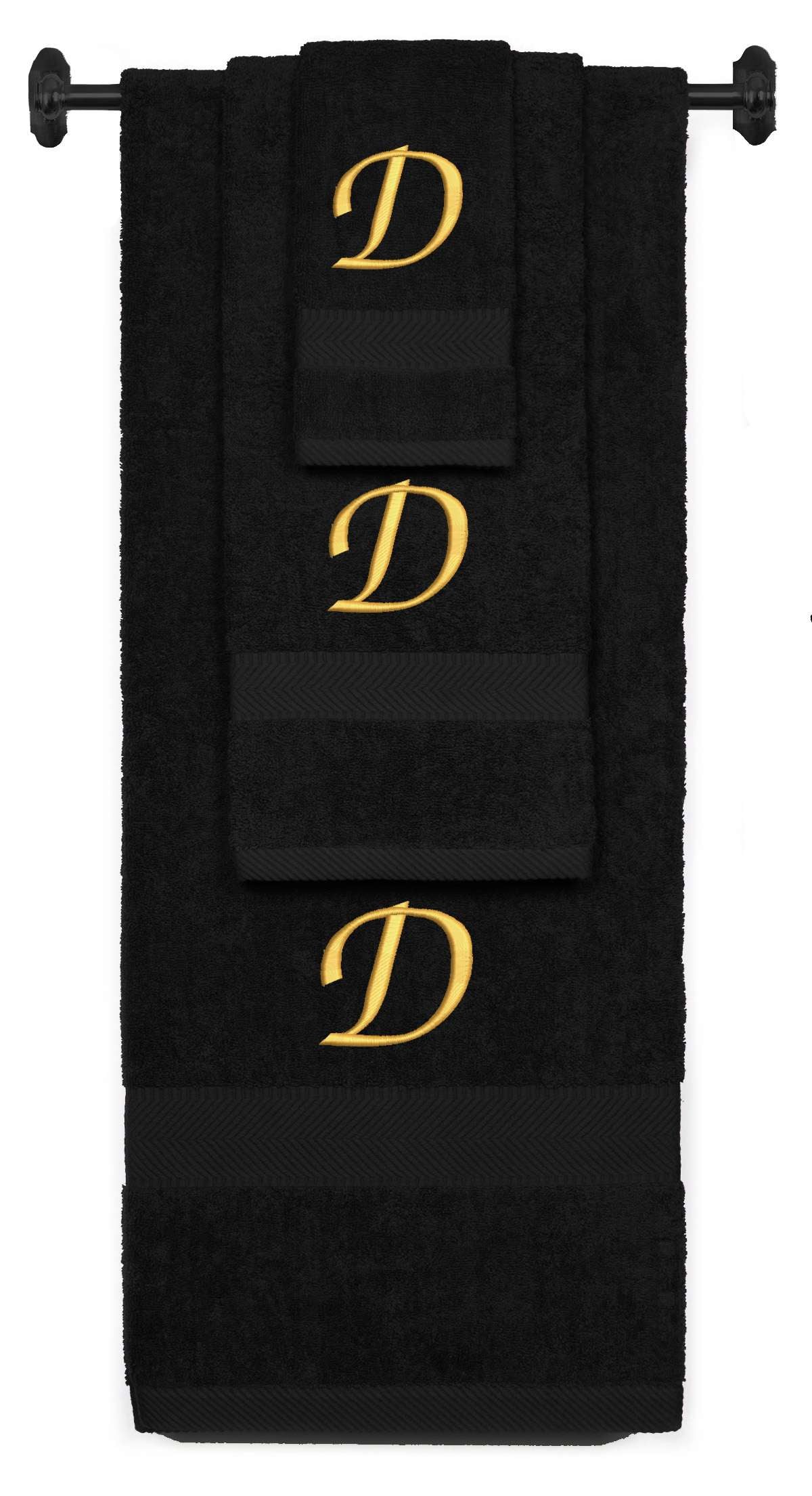 Black monogrammed towel set with Gold thread, Chancery font, initial D - 540 GSM cotton 3-piece