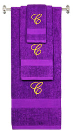 Purple monogrammed towel set with Gold thread, Diana Script font, initial C - 540 GSM cotton 3-piece