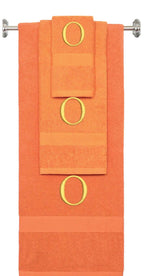 Orange monogrammed towel set with Gold thread, Times New Roman font, initial O - 540 GSM cotton 3-piece