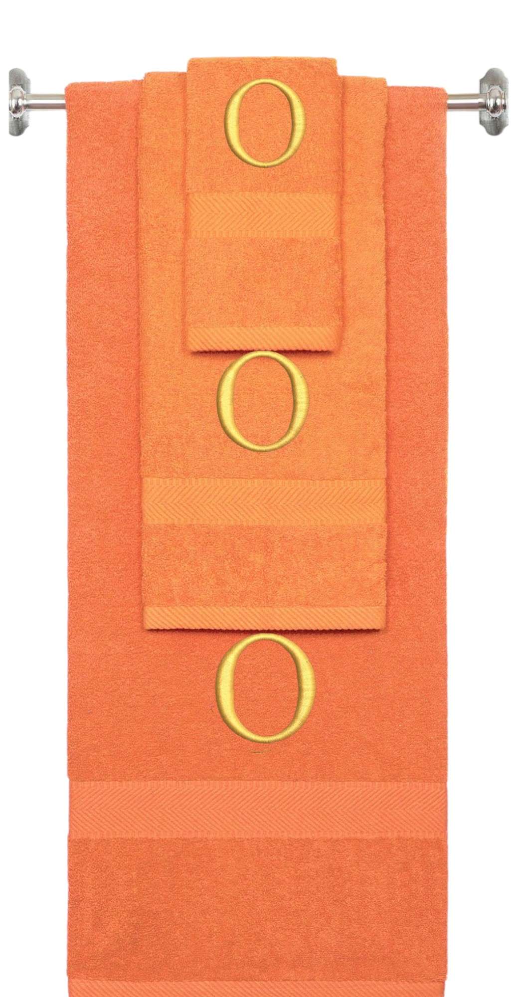 Orange monogrammed towel set with Gold thread, Times New Roman font, initial O - 540 GSM cotton 3-piece