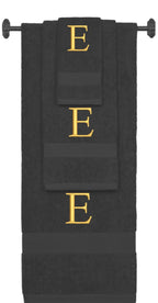 Charcoal monogrammed towel set with Gold thread, Times New Roman font, initial E - 540 GSM cotton 3-piece