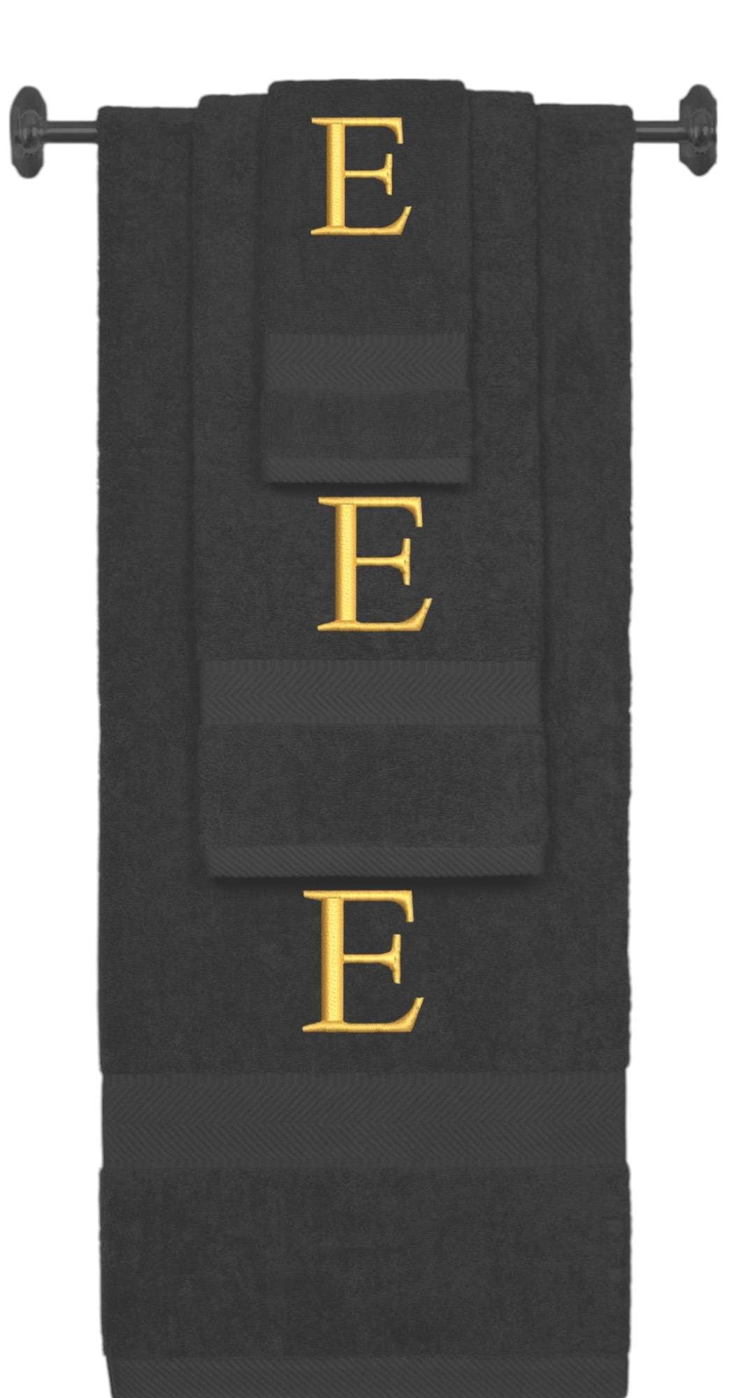 Charcoal monogrammed towel set with Gold thread, Times New Roman font, initial E - 540 GSM cotton 3-piece