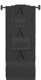 Charcoal monogrammed towel set with Black thread, Times New Roman font, initial A - 540 GSM cotton 3-piece